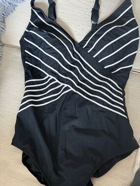 Black One-Piece Swimsuit with White Striped Detail